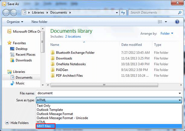 Enter a name for the file in "Filename" box and in "Save Type as", select MHT file