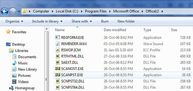 Open file location from drive: Program FilesMicrosoft OfficeOFFICE12, double click the Scanpst.exe and open it