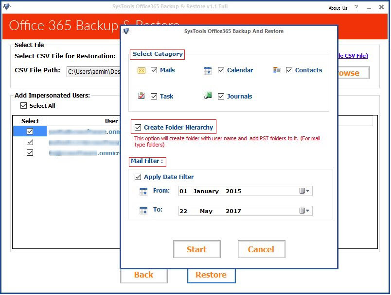 systools office 365 backup application impersonation